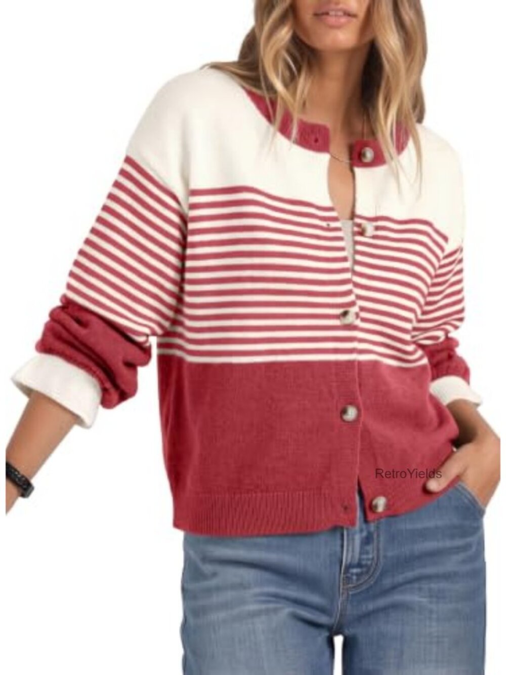Womens Striped Button Front Cropped Cardigan Long Sleeve
